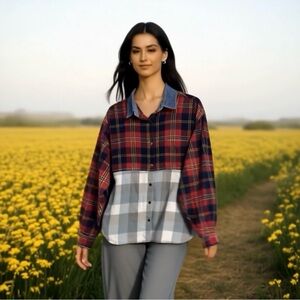 Upcycled “Two Tone” flannel with denim collar.